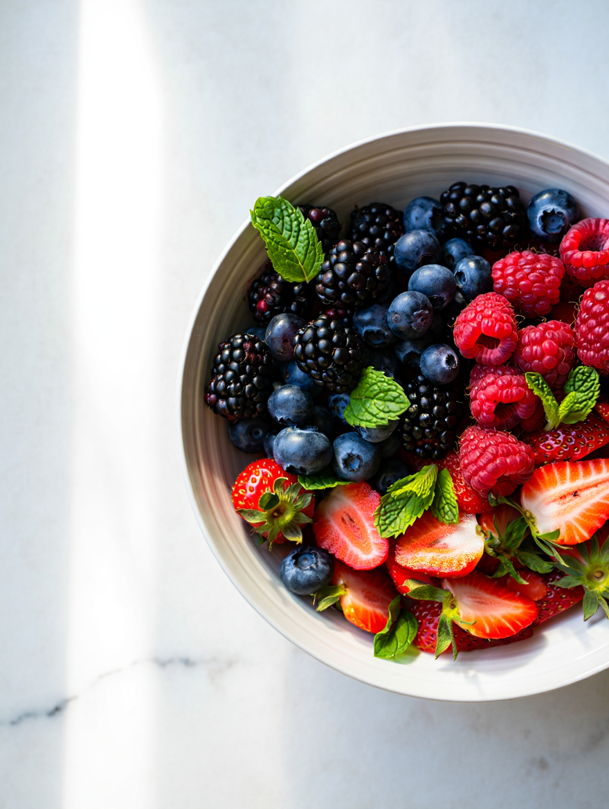 Ensalada fresca de frutas del bosque con menta